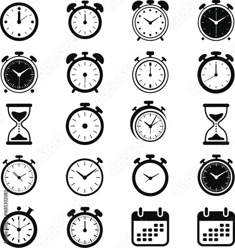 Minimal Time and Calendar Icons  Flat Vector Set with Clock, Timer, Alarm, Hourglass, and Date Symbols for Web Design, App Interfaces, and Productivity Tools