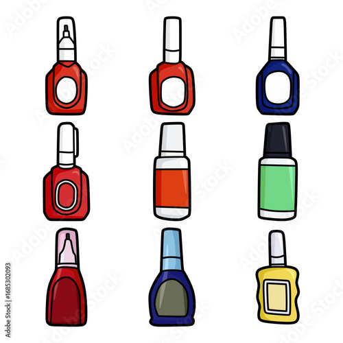 collection of colorful correction fluid bottles illustration