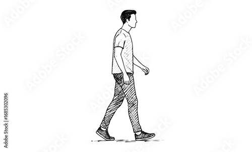 Sketch of young caucasian male walking in casual attire side view. Vector retro hand drawn illustration