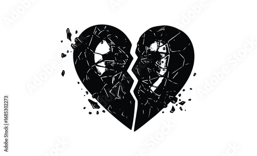 Shattered heart symbolizing heartbreak and emotional pain. Vector retro hand drawn illustration