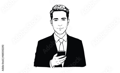 Young caucasian male in suit holding smartphone sketch. Vector retro hand drawn illustration