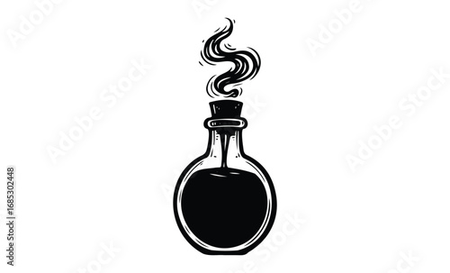 Vintage potion bottle with swirling smoke illustration in black and white. Vector retro hand drawn illustration