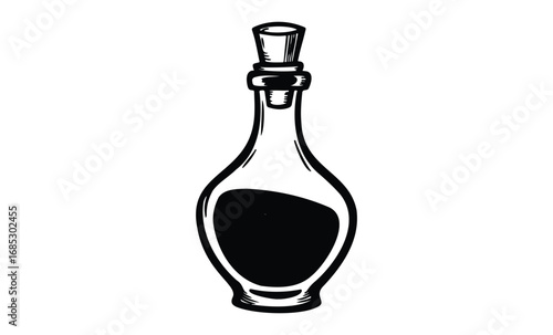 Elegant vintage glass bottle with cork stopper sketch in black and white. Vector retro hand drawn illustration