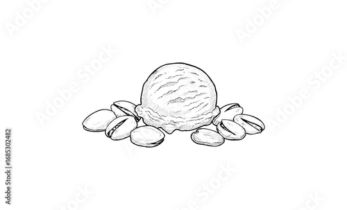 Hand-drawn pistachio ice cream scoop with nuts detailed illustration. Vector retro hand drawn illustration