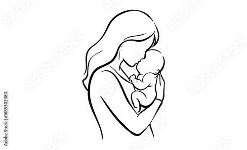 Outline of female embracing newborn baby with love and care. Vector retro hand drawn illustration