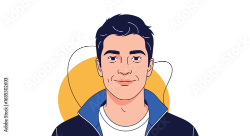 Portrait of a smiling young man with dark hair and a blue collar jacket