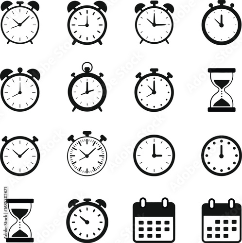 Minimal Time and Calendar Icons  Flat Vector Set with Clock, Timer, Alarm, Hourglass, and Date Symbols for Web Design, App Interfaces, and Productivity Tools