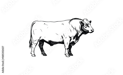 Detailed black and white sketch of a bull with strong features and muscular build. Vector retro hand drawn illustration