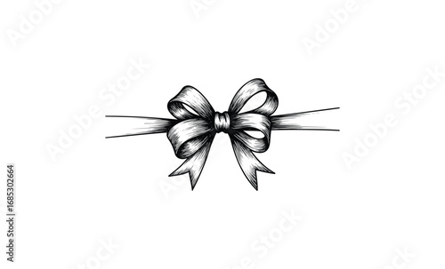 Elegant black and white bow drawing with ribbon detail. Vector retro hand drawn illustration
