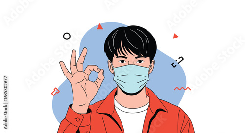 Person wearing protective face mask showing okay hand gesture
