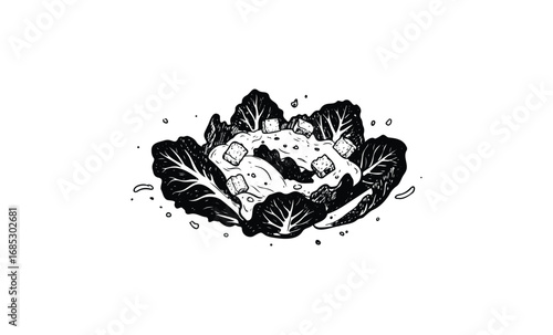 Black and white ink illustration of caesar salad with croutons and lettuce leaves. Vector retro hand drawn illustration