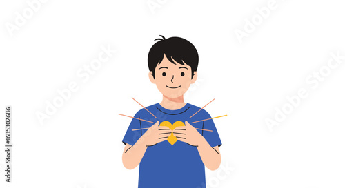 A young boy holds a glowing heart over his chest spreading positive energy