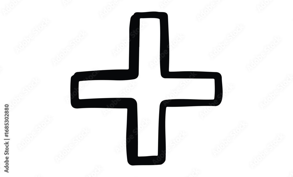Obraz premium Bold black outline of a large plain plus sign. Vector retro hand drawn illustration