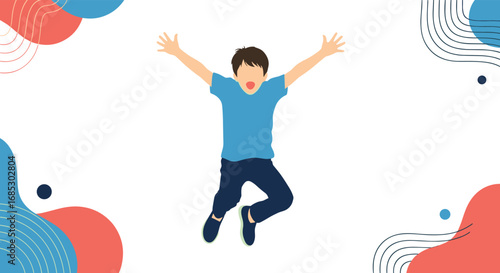 Excited young boy leaping joyfully with arms upraised against abstract colorful background