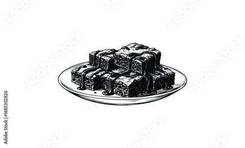 Illustration of chocolate brownie squares on a plate with drizzled sauce. Vector retro hand drawn illustration
