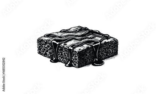Chocolate drizzled brownie with rich fudge sauce. Vector retro hand drawn illustration
