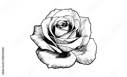Intricate black and white rose drawing with detailed petals and texture. Vector retro hand drawn illustration