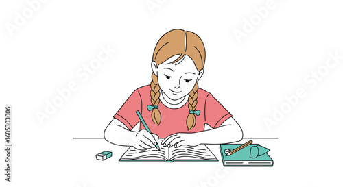 A young girl with braids diligently works on a drawing at a desk