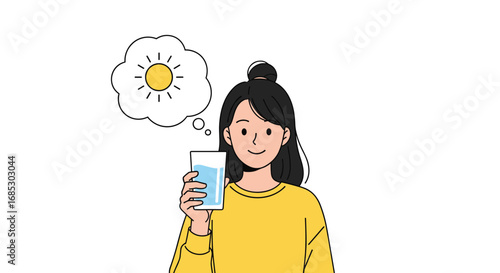 A young woman thinks about sunlight while holding a glass of water on a warm day