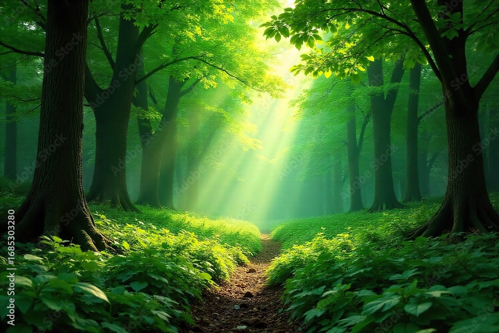 Fototapeta premium Lush green forest scene, dappled sunlight filtering through leaves, creating a magical atmosphere Perfect for nature, ecology, and environmental themes , moss, ecosystem, vibrant