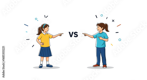Two young girls pointing at each other in a friendly competition