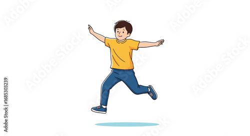 Young boy running and jumping with joyful expression on white background