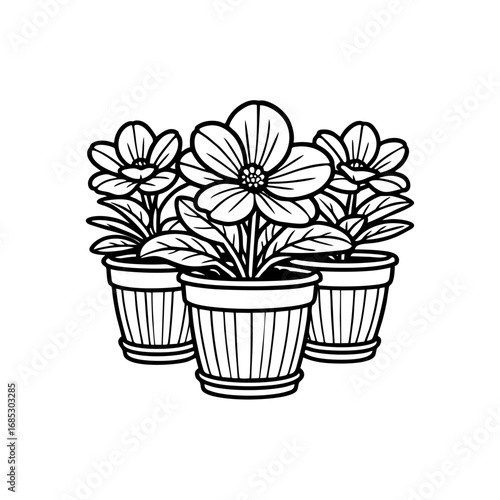 Flower Pot Arrangement with Blooming Flowers for Decoration Line Art Vector