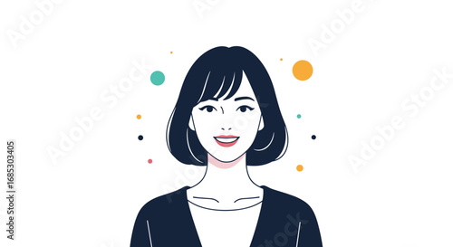 Friendly asian woman smiling with colorful dots behind her head