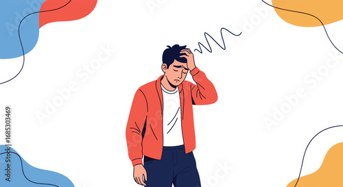 Young man suffering from severe headache discomfort feeling dizzy and sick