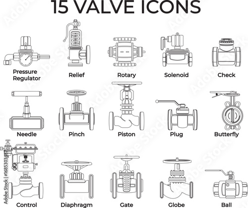 Valve icons vector set including pressure regulator, relief, rotary, solenoid, check, needle, pinch, piston, plug, butterfly, control, diaphragm, gate, globe, and ball valves for engineering design.