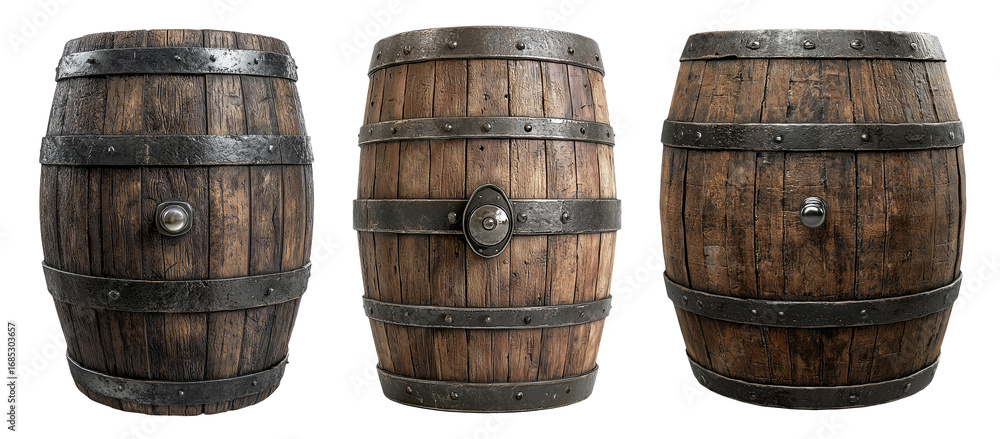 Fototapeta premium Vintage Wooden Barrels with Metal Bands Perfect for Rustic Backgrounds