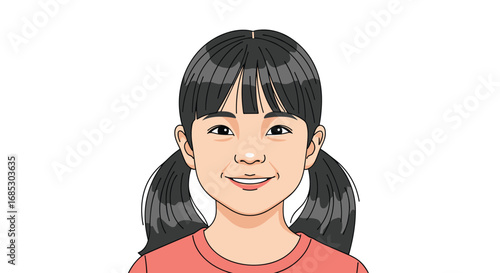 Joyful young girl with dark hair in pigtails wearing a pink shirt smiling happily
