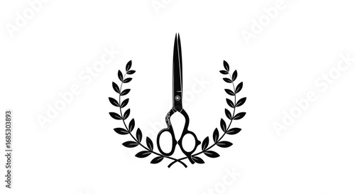 Elegant scissors emblem with laurel wreath for professional hair styling services