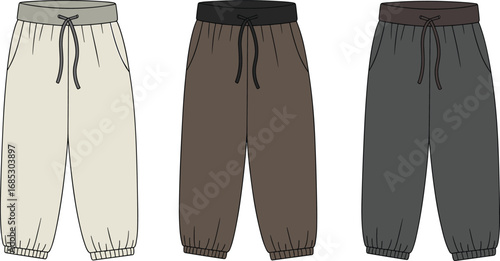 Jogger pants cartoon set, fashion illustration, color variation comparison, drawstring waist design, casual wear template, garment mockup, stylish apparel icons, clothing pack