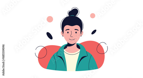 A happy person with a bun hairstyle and casual clothing