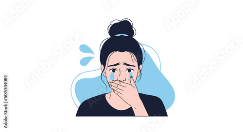 Young woman crying and covering her mouth in distress with sweat droplets