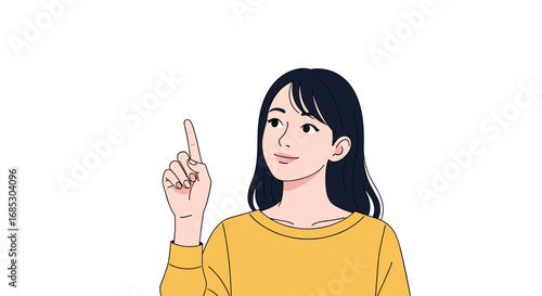 Young woman points upwards suggesting an idea or direction