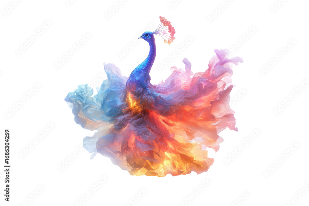 Fototapeta premium Colorful Peacock Display: A majestic peacock, bursting with vibrant hues, flaunts its tail feathers in a dynamic splash of artistic expression.