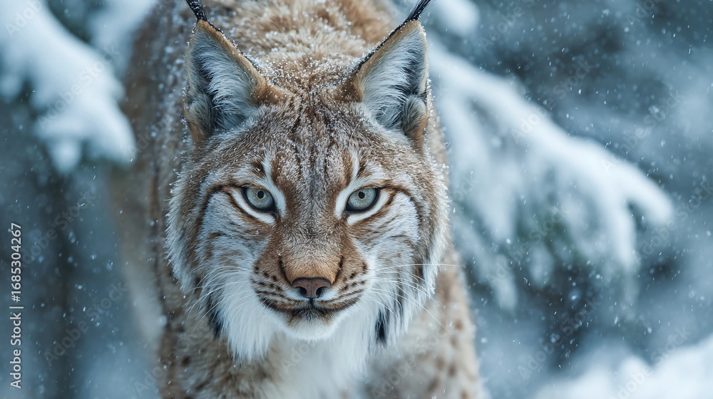 Fototapeta premium A lynx moving silently through snowy forest, intense gaze
