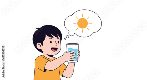 Young boy holding a glass of water while thinking about the bright sunny day outdoors
