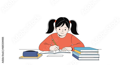 Young girl focused on her schoolwork at a desk