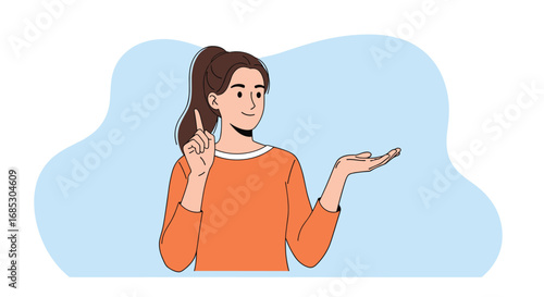 Young woman making presentation with hand gestures and pointing up