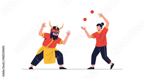 Traditional masked performer and juggler engage in lively cultural celebration