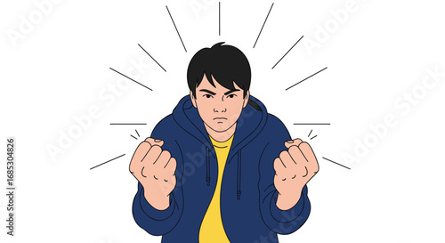 Young man shows angry expression with clenched fists and radiating energy