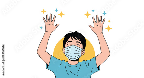Young person wearing a face mask with sparkling clean hands raised up