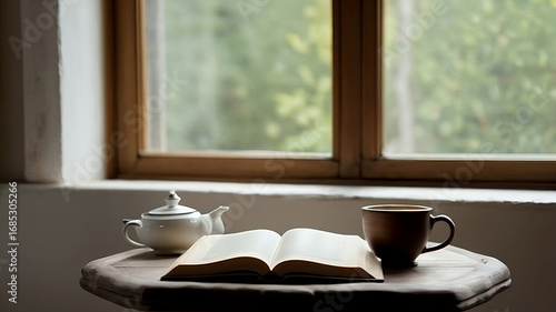A wooden coffee table featuring an open book and a ceramic cup of tea, illuminated by gentle daylight from a window.
