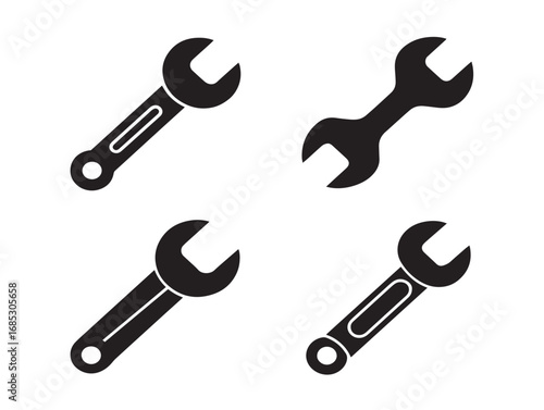 Wrench Icon Set in Bold Black Silhouette Vector Illustration