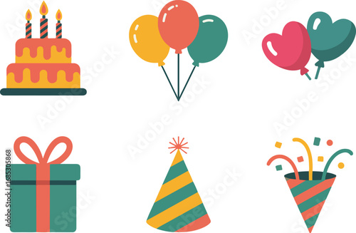 Colorful birthday party icons of cake, balloons, gift box, hat and popper 
