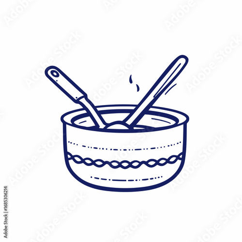 Vector illustration of a cup of coffee with a straw, a bowl with a spoon, and a red container of french fries