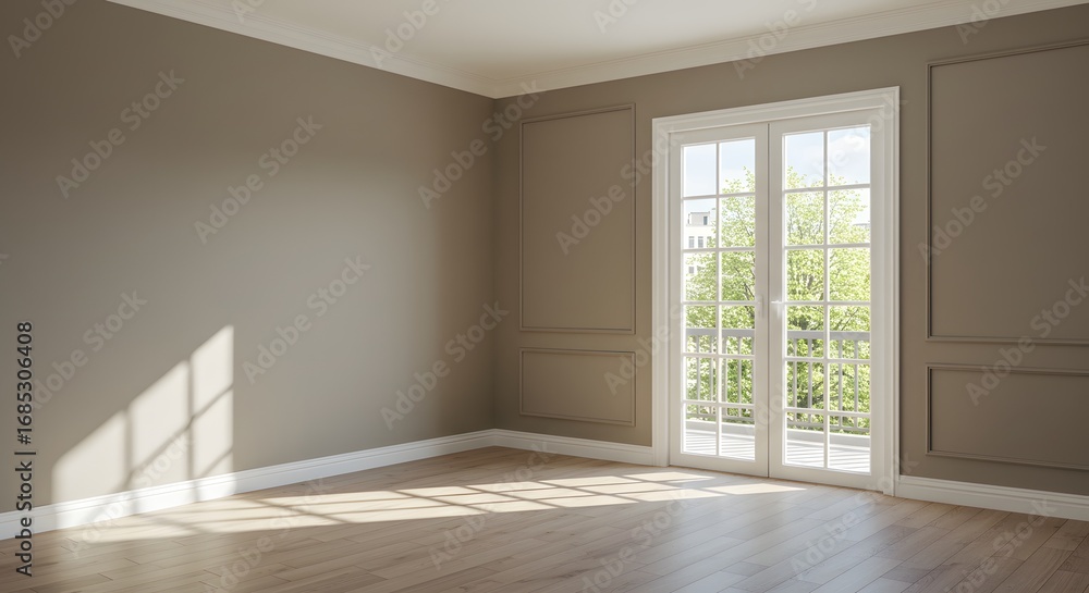 Fototapeta premium Empty Room Interior with French Doors and Sunlight